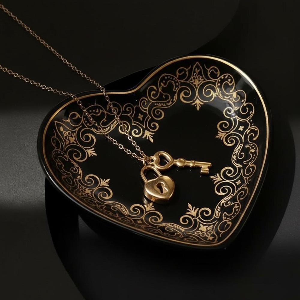 18k Gold Plated Heart Lock and Key Pendant Necklace. New.